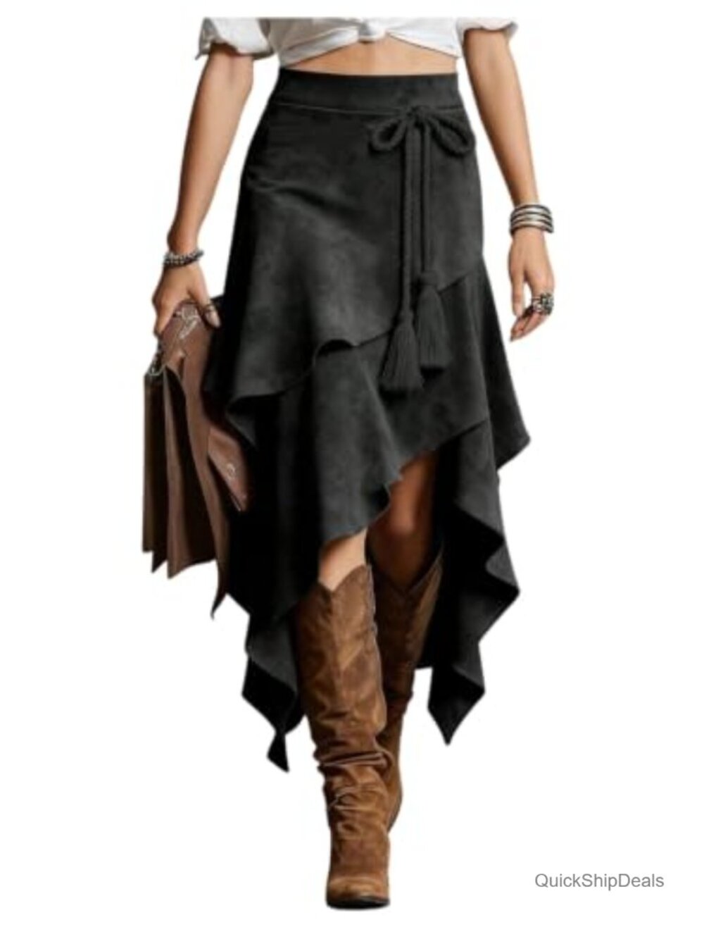 Faux Suede Layered Ruffle Asymmetrical Bow Midi Skirt